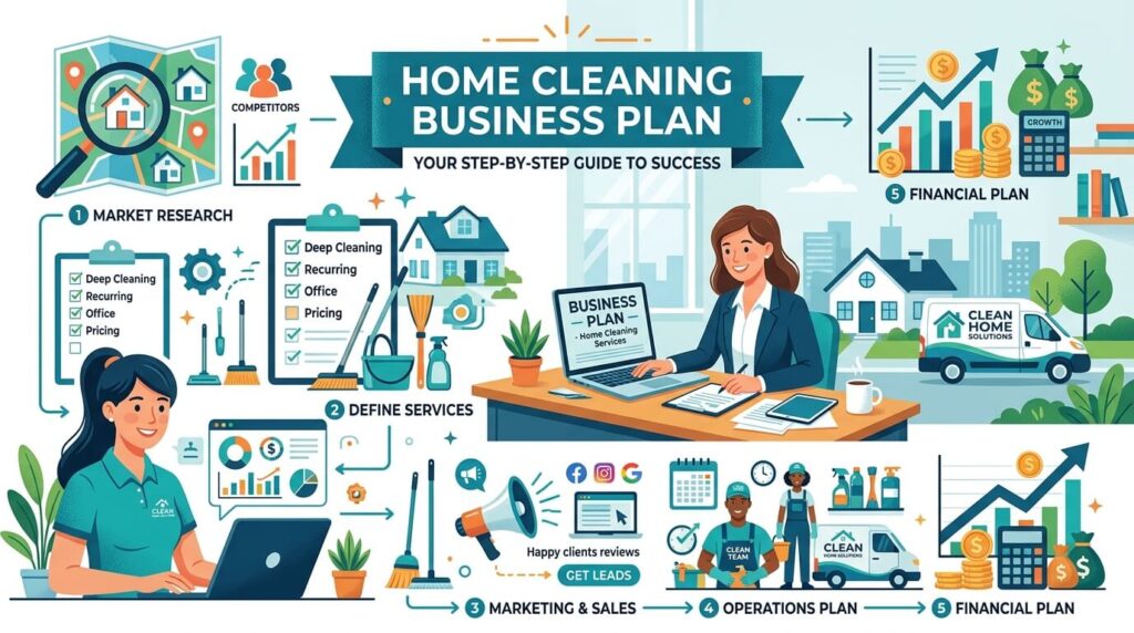 home cleaning business plan template for residential cleaning service startup with marketing strategy, budget planning and checklist
