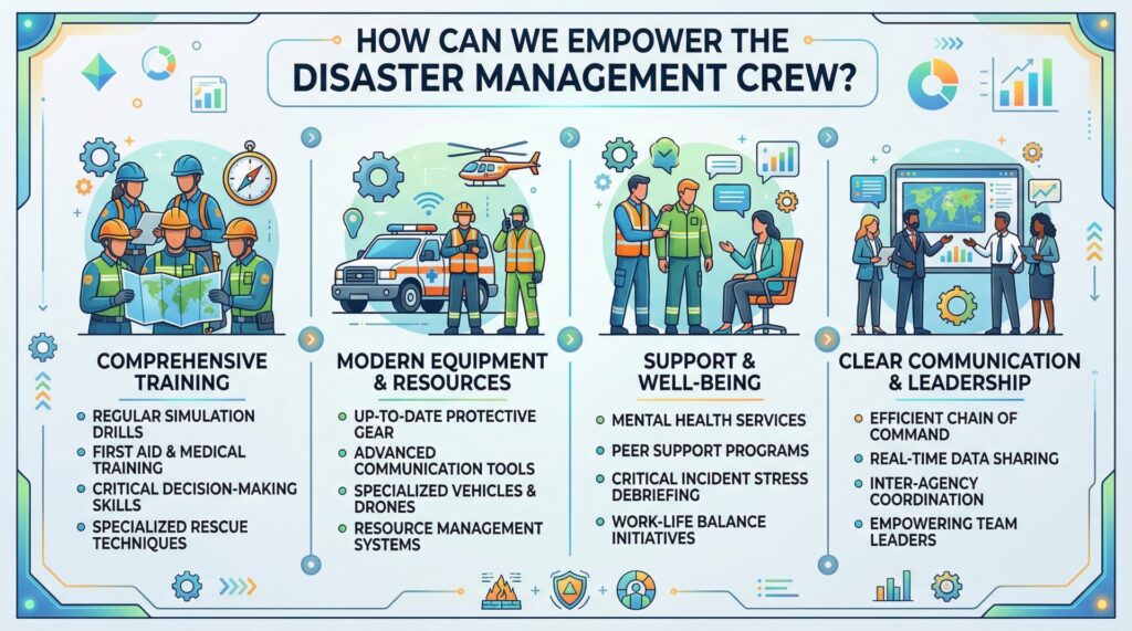 Disaster management team rescuing people and providing emergency aid during a crisis